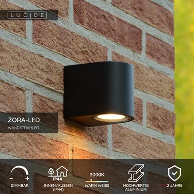 Lucide ZORA-LED - Wandstrahler / Wandleuchte Innen/Außen - LED Dim. - GU10 - 1x5W 3000K - IP44 - Schwarz